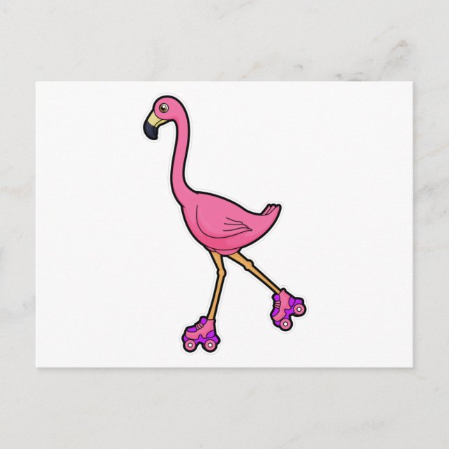 Cartão Postal Flamingo como patinador com patins de rodas (Frente)