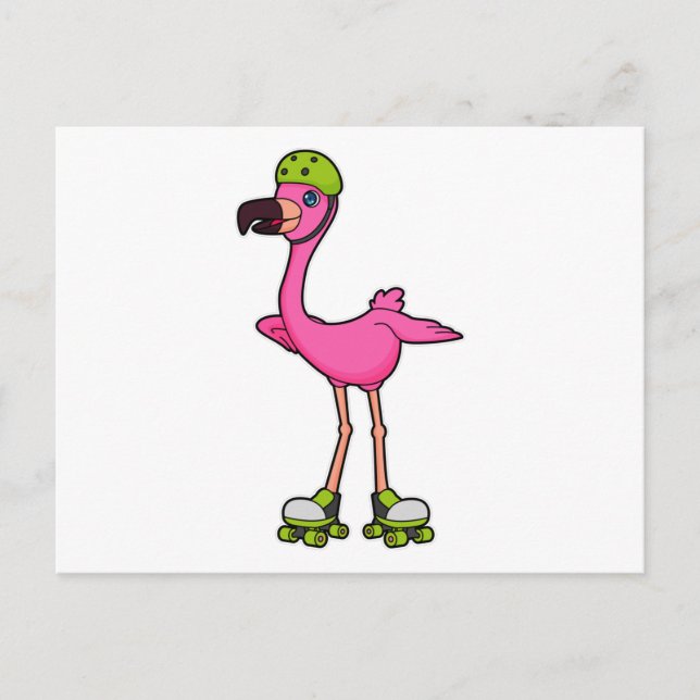 Cartão Postal Flamingo como Patinador com Patins de Rodas e Capa (Frente)