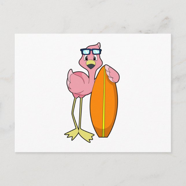 Cartão Postal Flamingo como Surfista com Prancha de Surfe.PNG (Frente)