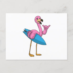 Cartão Postal Flamingo como surfista com surfboard