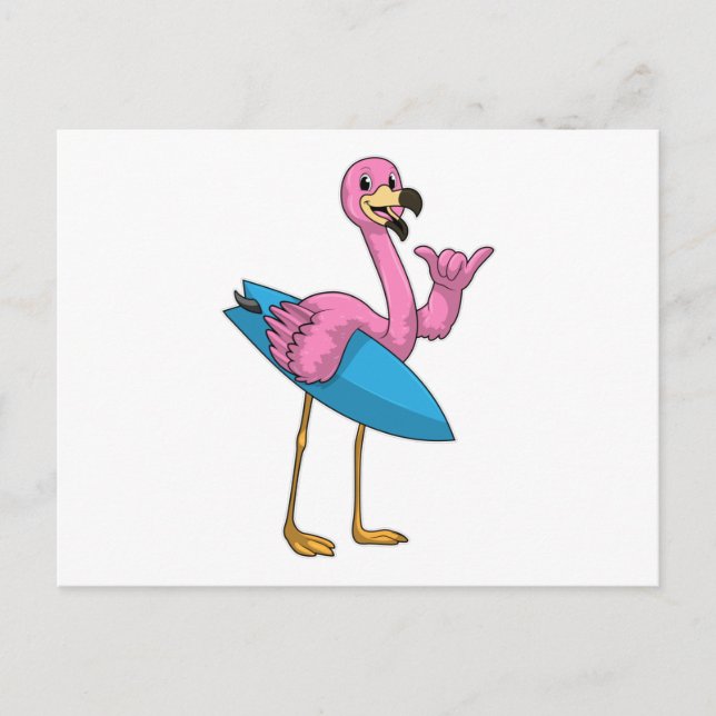 Cartão Postal Flamingo como surfista com surfboard (Frente)