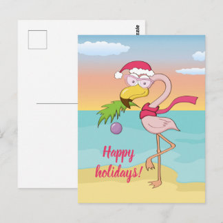 Cartão Postal Flamingo de Natal bonito na praia personalizado