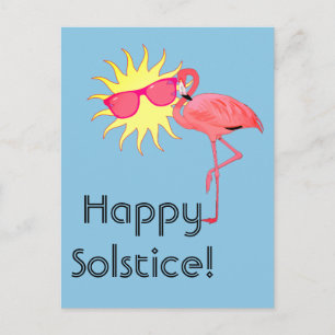 Cartão Postal Flamingo e Rosto do Sol do Solstício Feliz