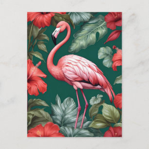 Cartão Postal Flamingo Hibiscus Flores Emerald Green