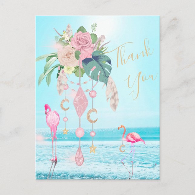 Cartão Postal Flamingo Jewel Beach Floral Obrigado (Frente)