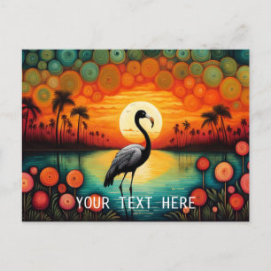 Cartão Postal Flamingo Lake Sunset Palm Tree Colorida Floral