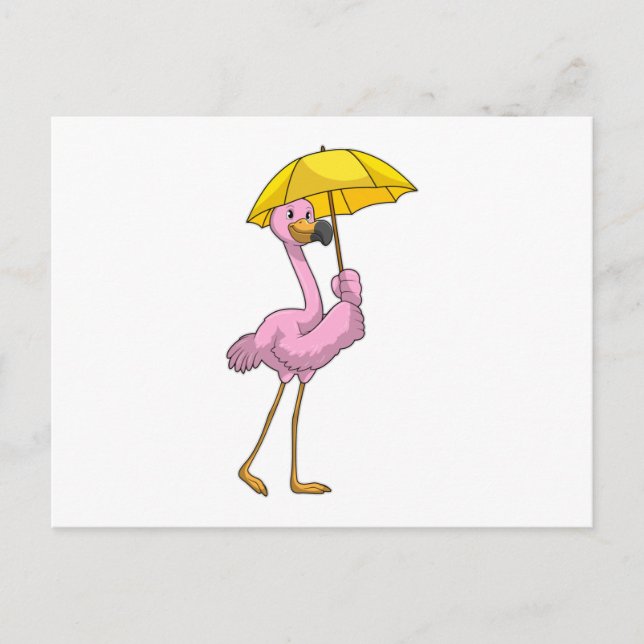 Cartão Postal Flamingo na chuva com guarda-chuva (Frente)