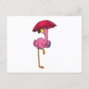 Cartão Postal Flamingo na chuva com guarda-chuva