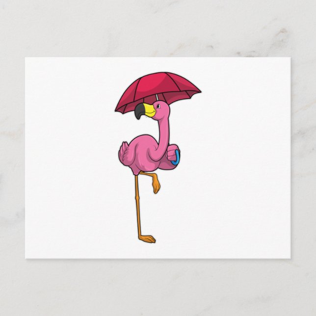 Cartão Postal Flamingo na chuva com guarda-chuva (Frente)