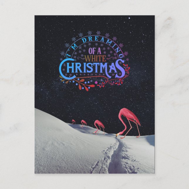 Cartão Postal Flamingo na neve com Natal espacial estranho (Frente)