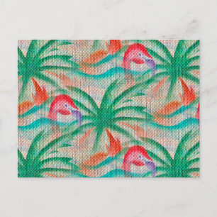 Cartão Postal Flamingo Palm Tree Burlap