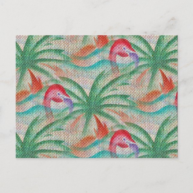 Cartão Postal Flamingo Palm Tree Burlap (Frente)
