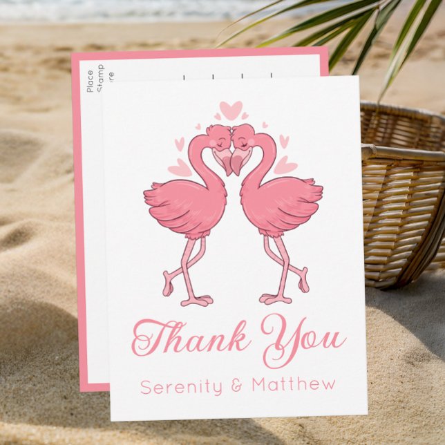 Cartão Postal Flamingo Pink Tropical Beach Wedding Thank You (Criador carregado)