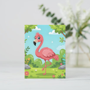 Cartão Postal Flamingo rosa brilhante fofo no jardim