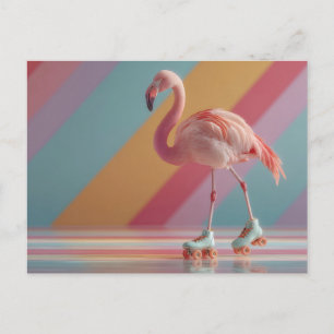 Cartão Postal Flamingo Rosa Caprichoso em Patins de Rodas