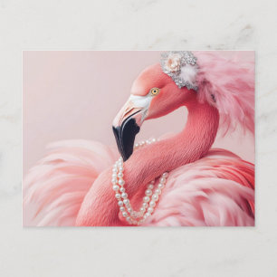 Cartão Postal Flamingo Rosa Elegante com Pérolas e Penas