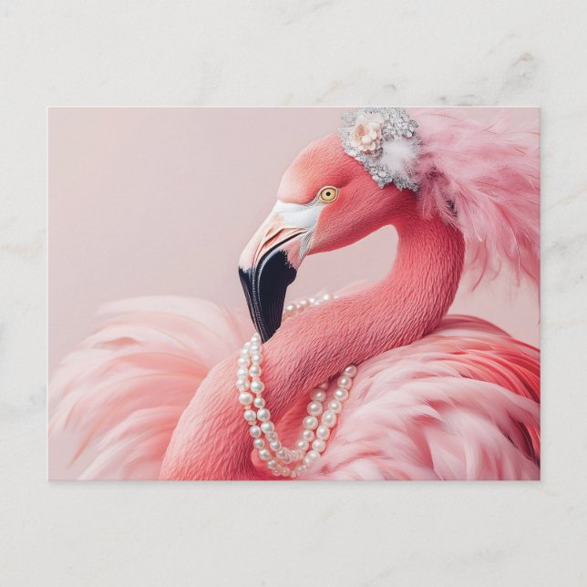 Cartão Postal Flamingo Rosa Elegante com Pérolas e Penas (Frente)
