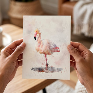 Cartão Postal Flamingo Rosa Elegante em Aquarela