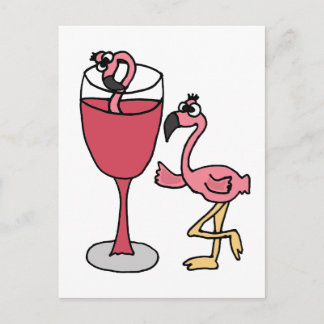 Cartão Postal Flamingo Rosa em Copo de Vinho Rosé