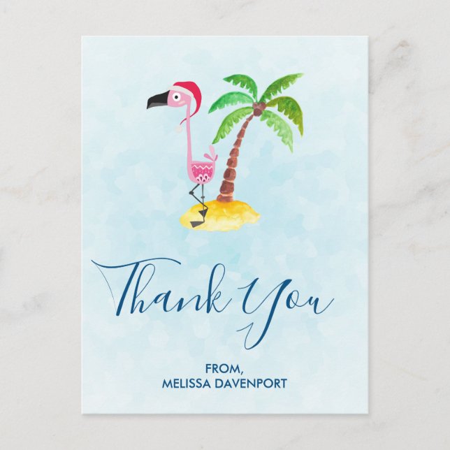 Cartão Postal Flamingo Rosa no Natal Vermelho Obrigado (Frente)