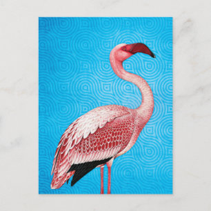 Cartão Postal Flamingo rosa no padrão azul retrô
