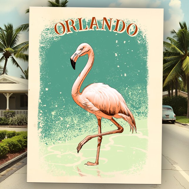 Cartão Postal Flamingo Rosa Retrô Férias na Flórida Lembrança Ci (Retro Pink Flamingo postcard in vintage Miami style, personalized with Florida destination city.)