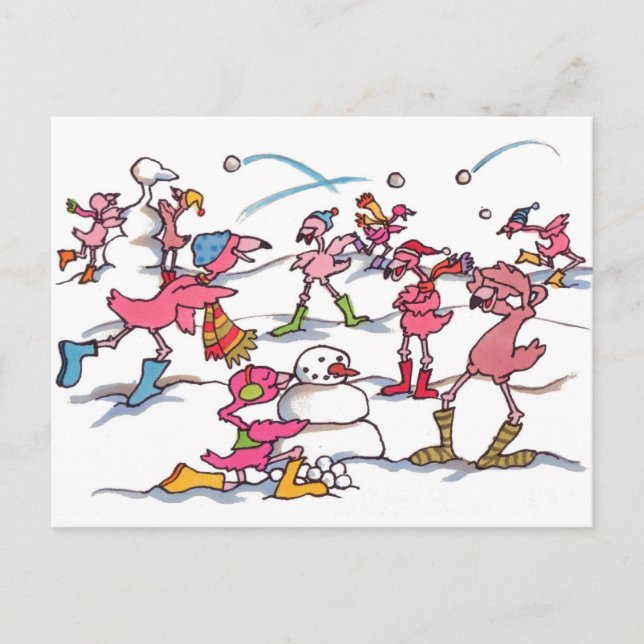 Cartão postal Flamingo Snowball Fight (Frente)