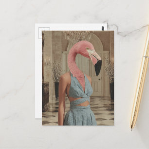 Cartão Postal Flamingo Surrealista Vestindo Azul em uma colagem