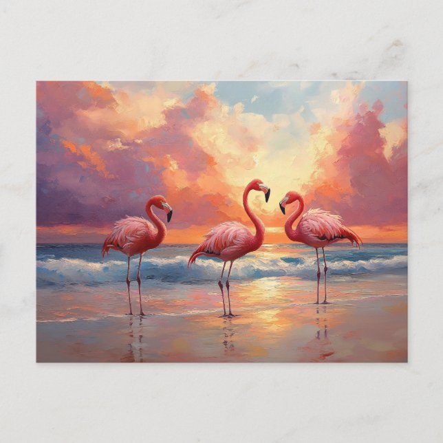 Cartão Postal Flamingo Trio na Praia (Frente)