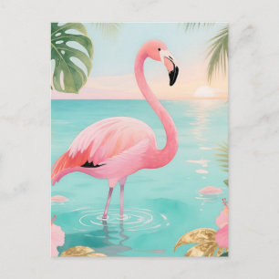 Cartão Postal Flamingo Tropical Pôr do Sol Aquarela