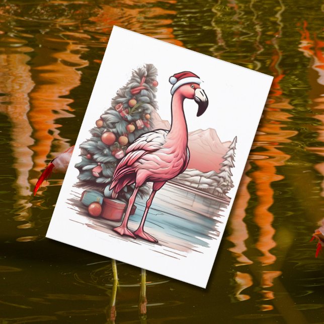 Cartão Postal Flamingo vestindo chapéu de Santa ao lado da árvor (Criador carregado)
