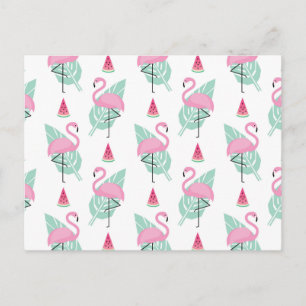 Cartão Postal Flamingo & Watermelon Pastel Pattern