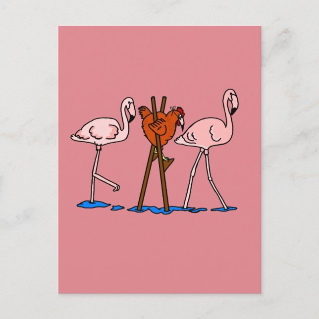 Cartão Postal Flamingos E Galinha Com Fundo Rosa (Frente)
