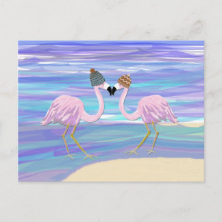 Cartão Postal Flamingos em chapéus feitos malha
