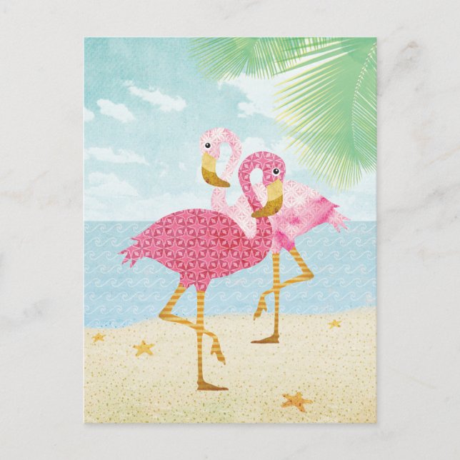 Cartão Postal Flamingos Rosa Aquarela na Praia (Frente)