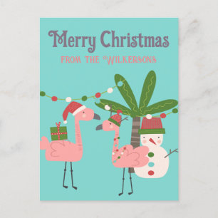 Cartão Postal Flamingos Rosa de Natal Tropical em Azul Turquesa