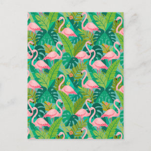 Cartão Postal Flamingos Rosa Tropical Folhagem da Selva