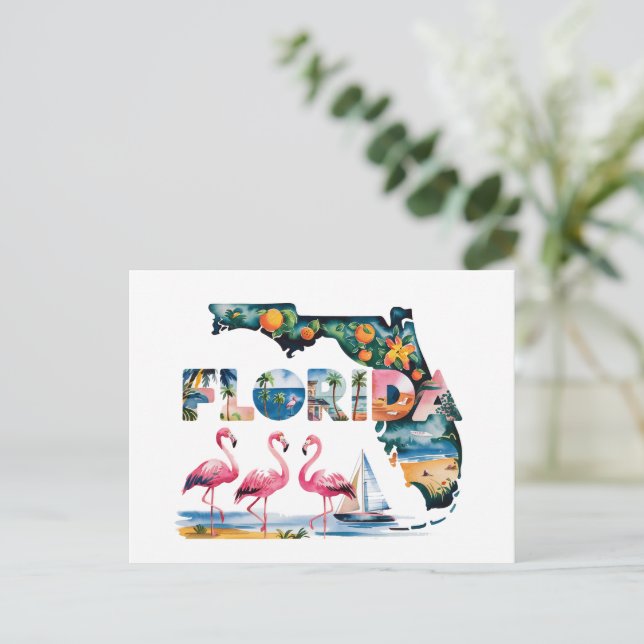 Cartão Postal Flamingos Tropicais Rosa do Mapa do Estado da Flór (Em pé/Frente)