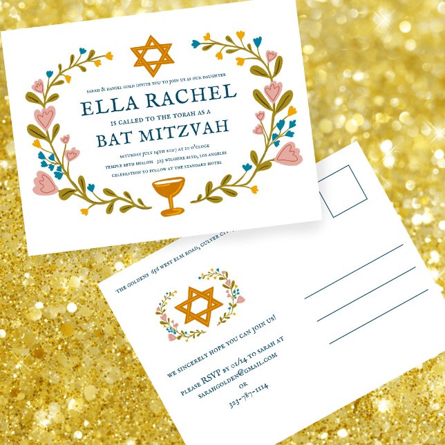 Cartão Postal Flaoral Wreath Bat Mitzvah Personalizado desenhado (Floral Wreath Bat Mitzvah Invitation Hand-drawn Custom Postcard
)