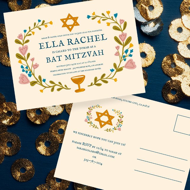 Cartão Postal Flaoral Wreath Bat Mitzvah Personalizado desenhado (Floral Wreath Bat Mitzvah Hand-drawn Custom Postcard Invitation
)