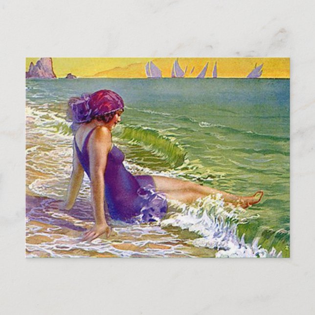 Cartão Postal Flapper Girl At The Sea Postcard Sailboats Cloche (Frente)