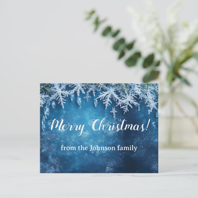 Cartão Postal Floco de neve azul e design de Natal de gelo (Em pé/Frente)