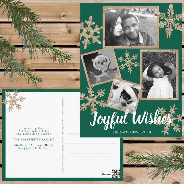 Cartão Postal Floco de neve verde moderno 4 Foto Natal (Personalize these rustic snowflake holiday postcards for one of a kind Christmas cheer this year.)