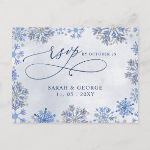 Cartão Postal Flocos de Neve Azuis Prateados Casamento de Invern