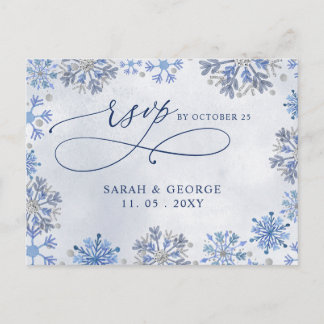 Cartão Postal Flocos de Neve Azuis Prateados Casamento de Invern
