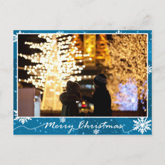 Cartão Postal Flocos de neve com brilho azul Foto de Natal