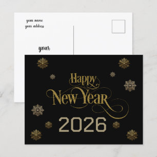 Cartão Postal Flocos de neve do Feliz ano novo Dourado Elegante 