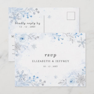 Cartão Postal Flocos de Neve Florais Azul Prata Casamento de Inv