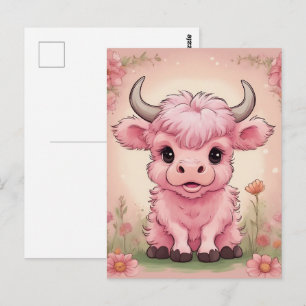 Cartão Postal Floffy Pink Highlands - Vaca Escocesa