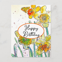 Cartão Postal Flor Amarelo Daffodil Watercolor Aniversário